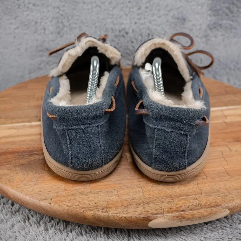 J.Crew Mens Moccasin Slippers‎ Size 12 Navy Blue Faux Fur Lined Comfort Shoes